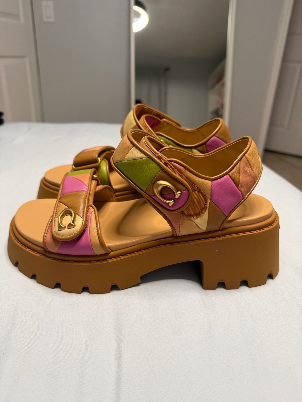NWOT Coach Tan Platform Sandals with Pink & Green Patchwork Accents - Picture 2 of 3